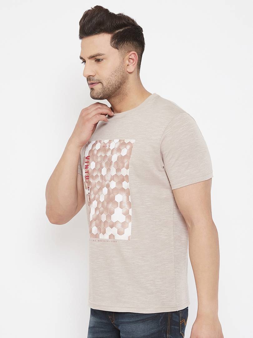 Men's Beige Printed Cotton Round Neck Tees