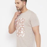 Men's Beige Printed Cotton Round Neck Tees
