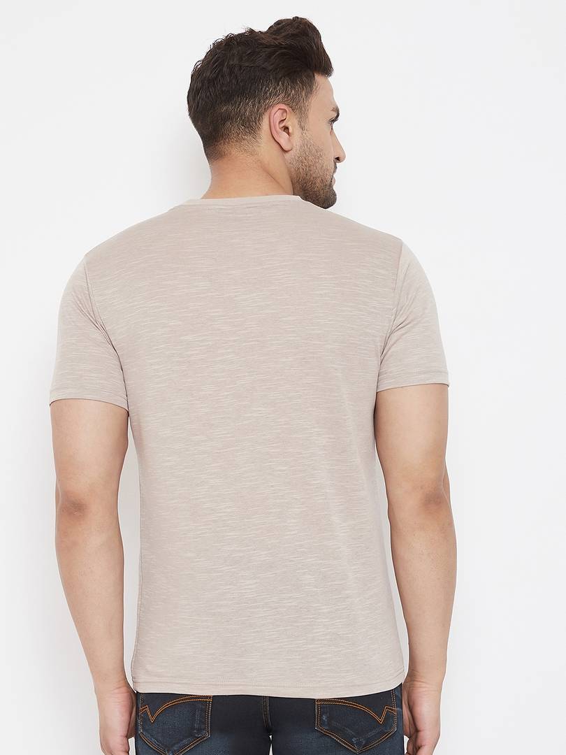 Men's Beige Printed Cotton Round Neck Tees