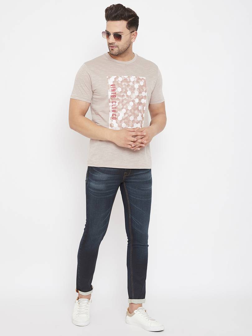 Men's Beige Printed Cotton Round Neck Tees