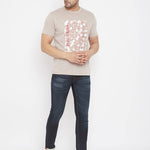 Men's Beige Printed Cotton Round Neck Tees