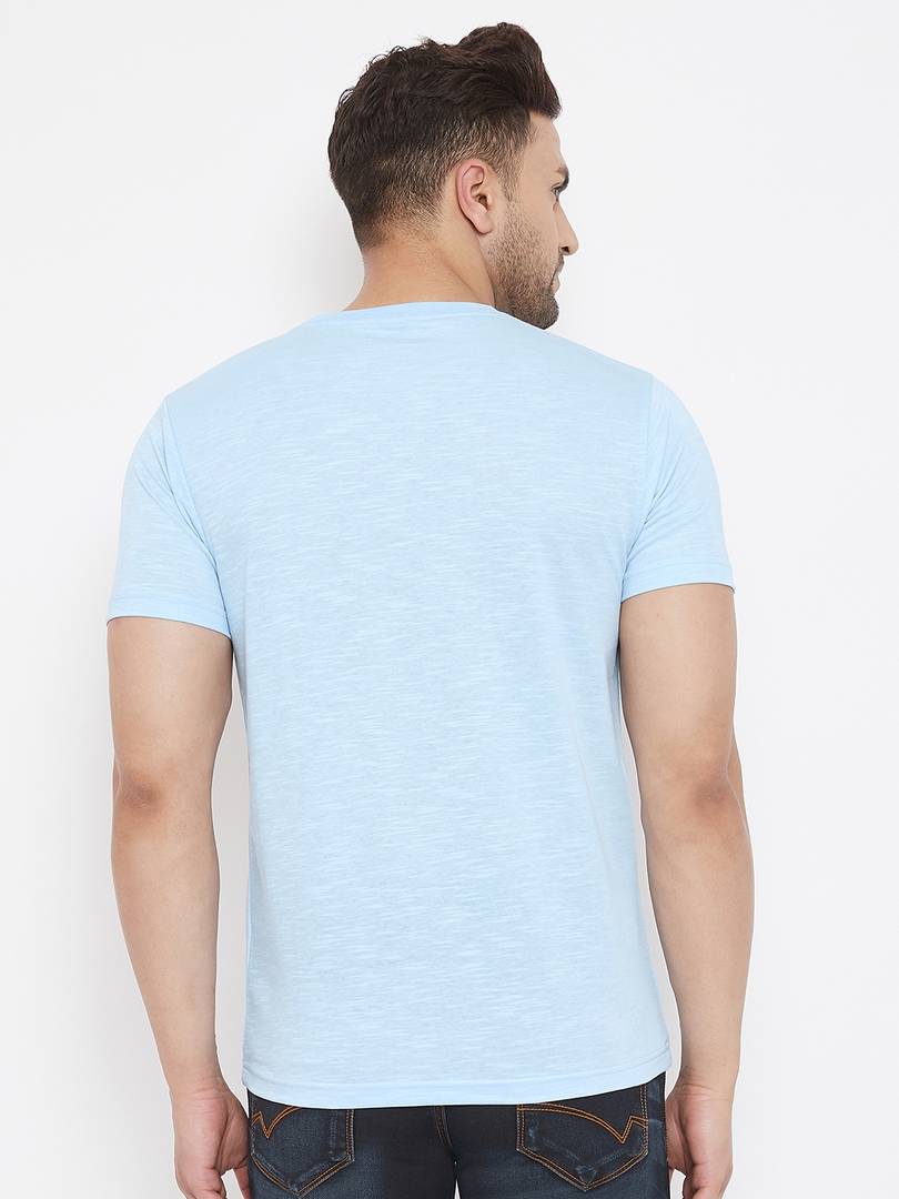 Men's Blue Printed Cotton Round Neck Tees