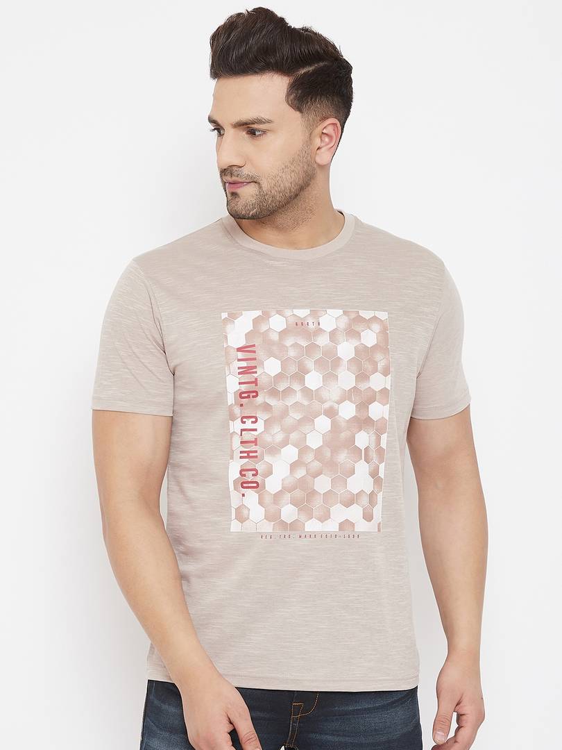 Men's Beige Printed Cotton Round Neck Tees