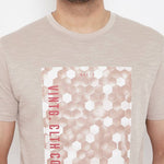 Men's Beige Printed Cotton Round Neck Tees