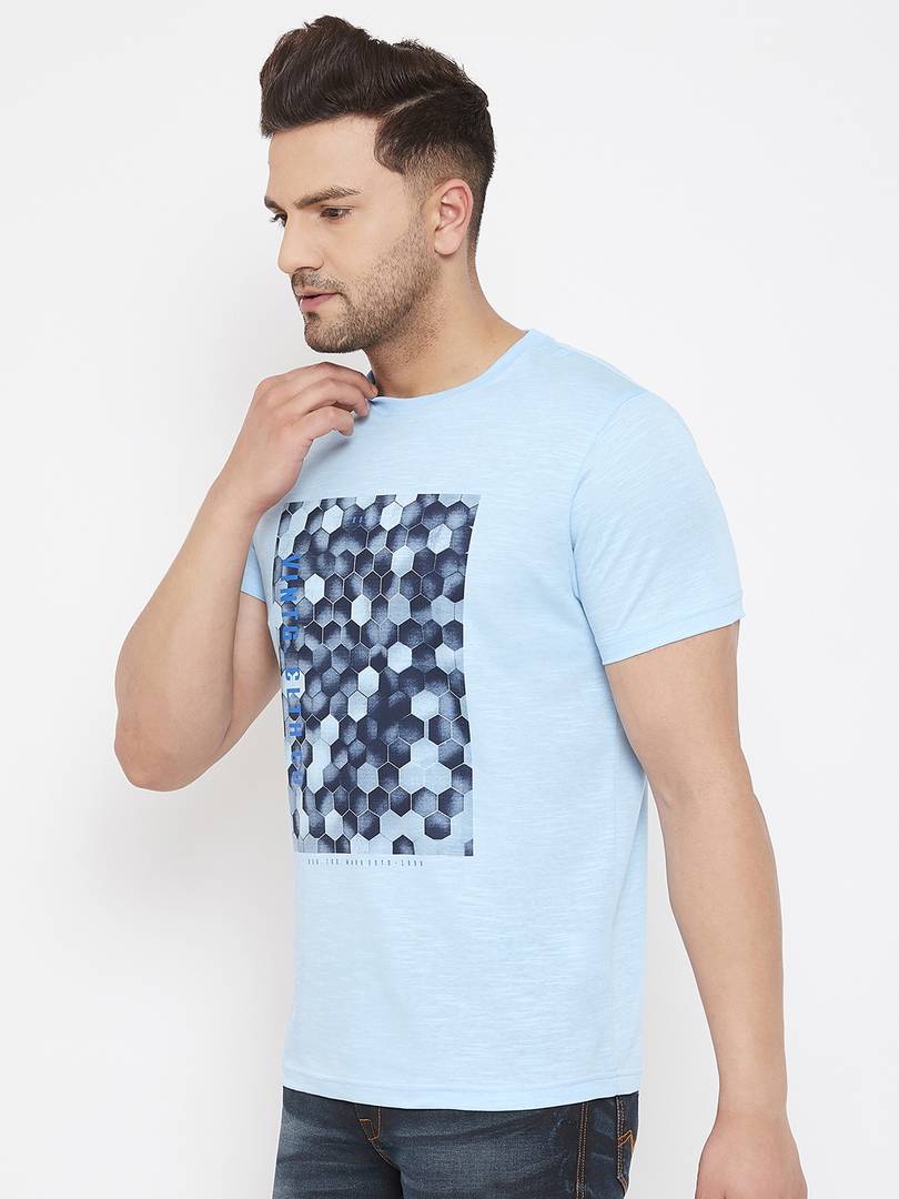 Men's Blue Printed Cotton Round Neck Tees