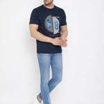 Men's Navy Blue Printed Cotton Round Neck Tees