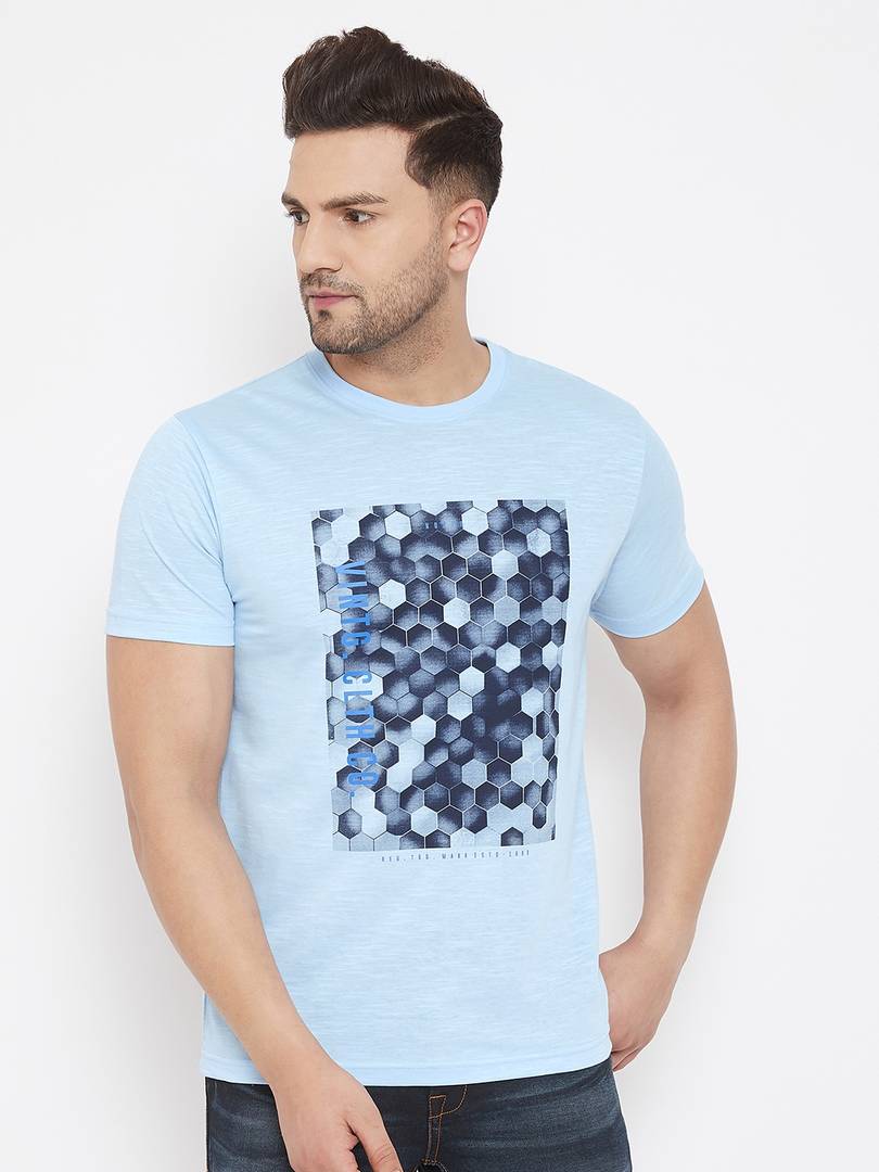 Men's Blue Printed Cotton Round Neck Tees