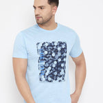 Men's Blue Printed Cotton Round Neck Tees