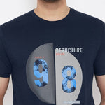 Men's Navy Blue Printed Cotton Round Neck Tees