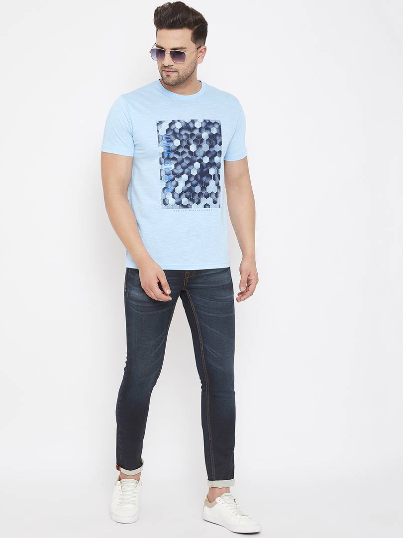 Men's Blue Printed Cotton Round Neck Tees