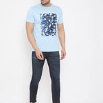 Men's Blue Printed Cotton Round Neck Tees