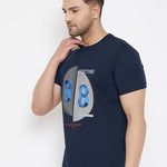 Men's Navy Blue Printed Cotton Round Neck Tees