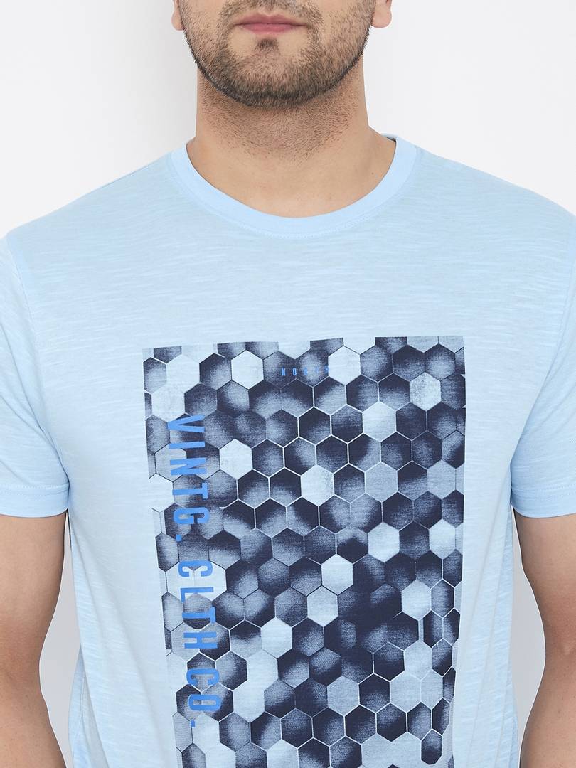 Men's Blue Printed Cotton Round Neck Tees