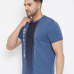 Men's Blue Printed Cotton Round Neck Tees