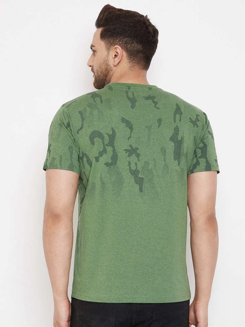 Men's Green Printed Cotton Round Neck Tees