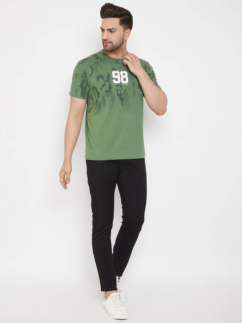 Men's Green Printed Cotton Round Neck Tees