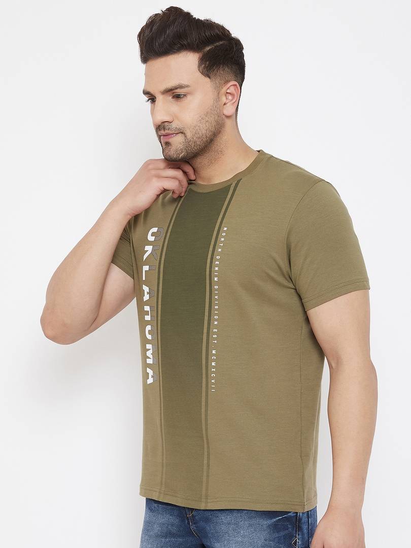 Men's Olive Printed Cotton Round Neck Tees