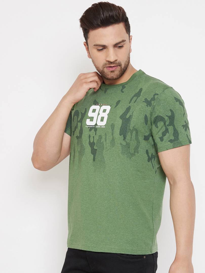 Men's Green Printed Cotton Round Neck Tees