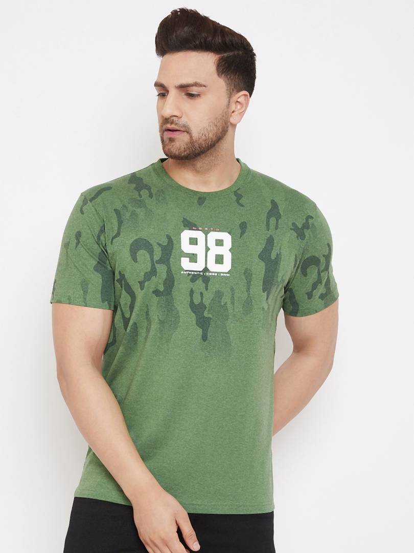 Men's Green Printed Cotton Round Neck Tees