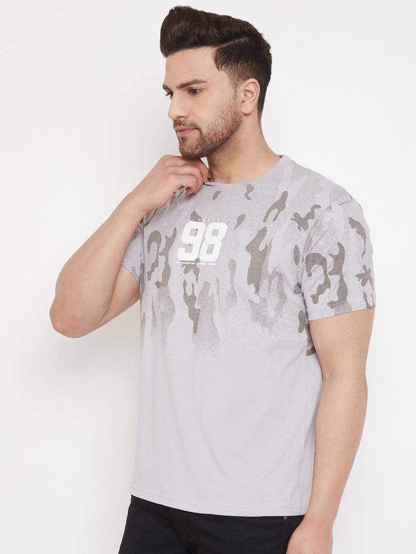 Men's Grey Printed Cotton Round Neck Tees