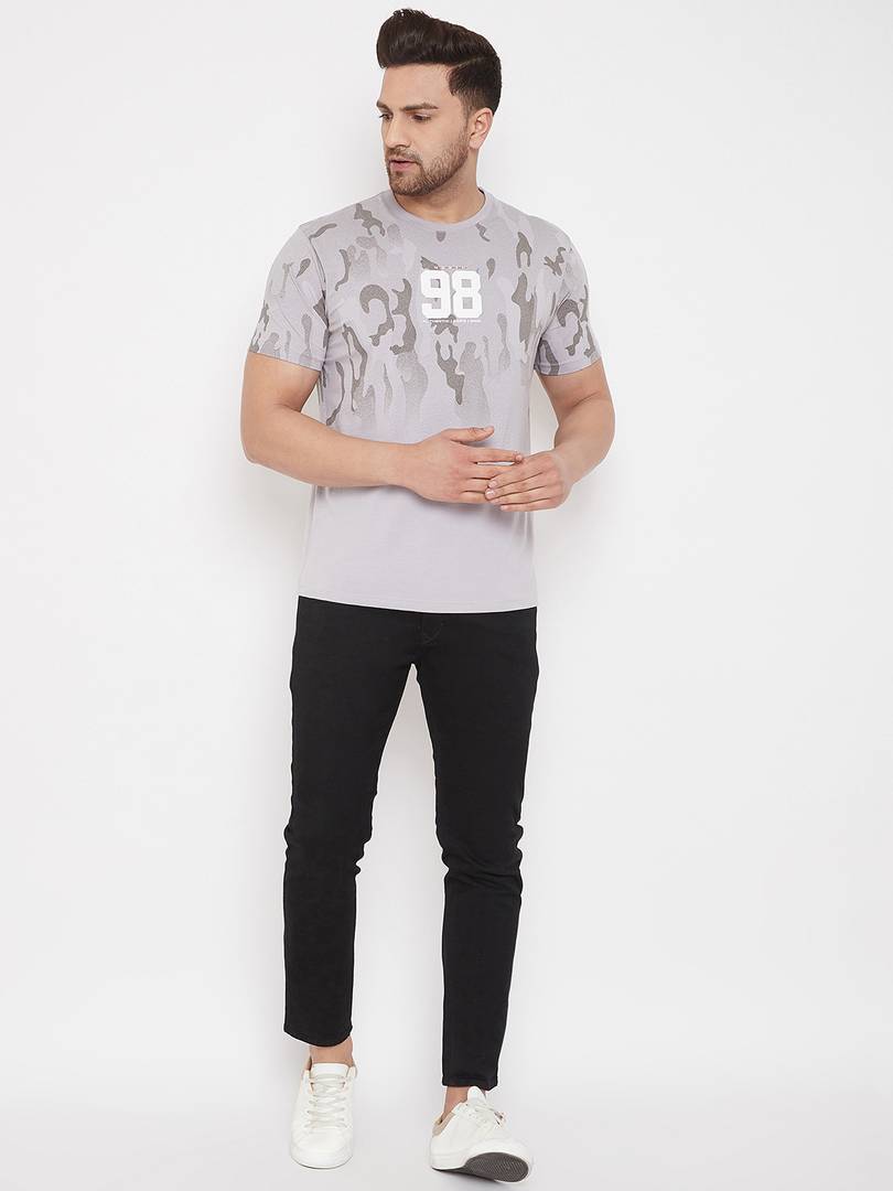 Men's Grey Printed Cotton Round Neck Tees