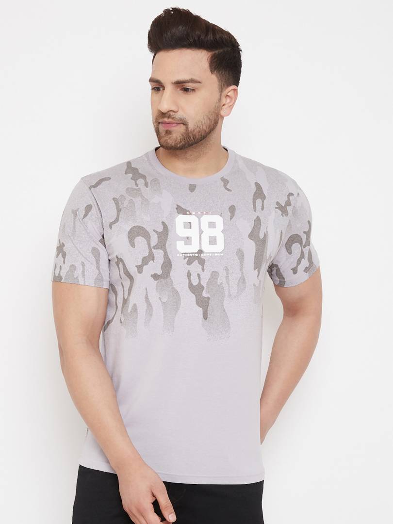 Men's Grey Printed Cotton Round Neck Tees