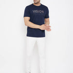 Men's Navy Blue Printed Cotton Round Neck Tees