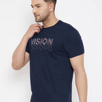 Men's Navy Blue Printed Cotton Round Neck Tees