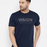Men's Navy Blue Printed Cotton Round Neck Tees