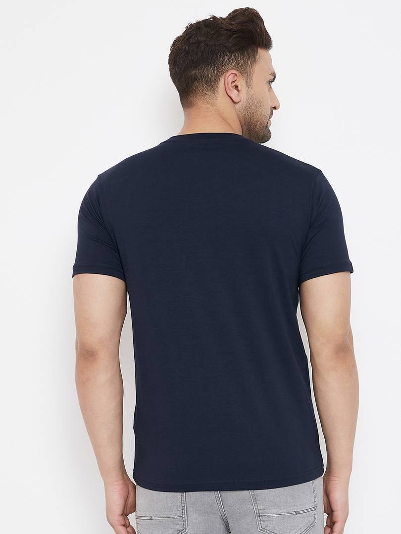 Men's Navy Blue Printed Cotton Round Neck Tees