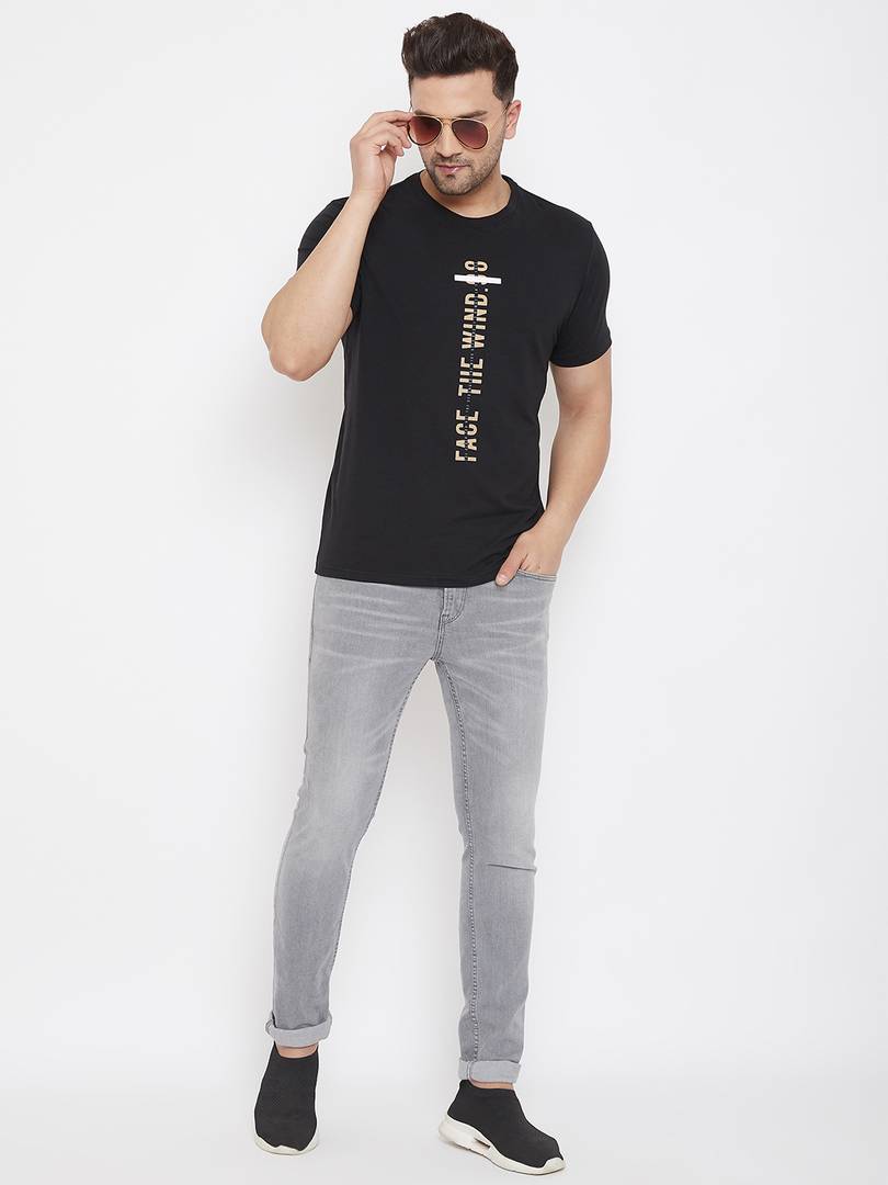 Men's Black Printed Cotton Round Neck Tees