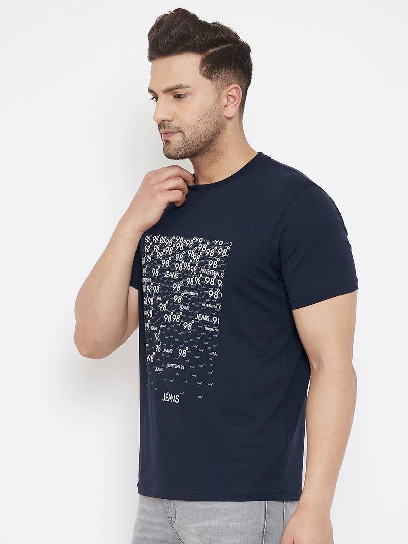 Men's Navy Blue Printed Cotton Round Neck Tees