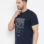 Men's Navy Blue Printed Cotton Round Neck Tees