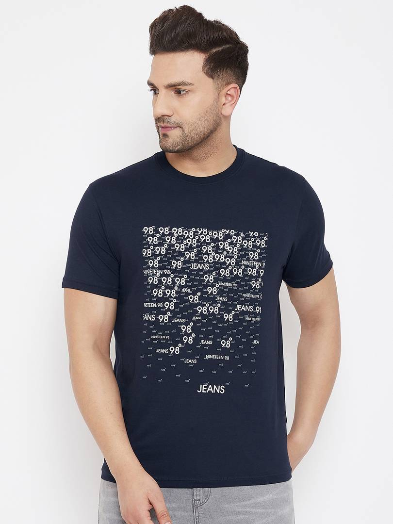 Men's Navy Blue Printed Cotton Round Neck Tees