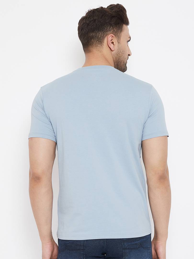 Men's Blue Printed Cotton Round Neck Tees