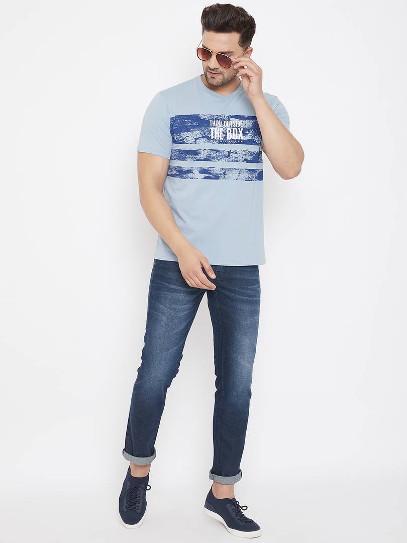 Men's Blue Printed Cotton Round Neck Tees