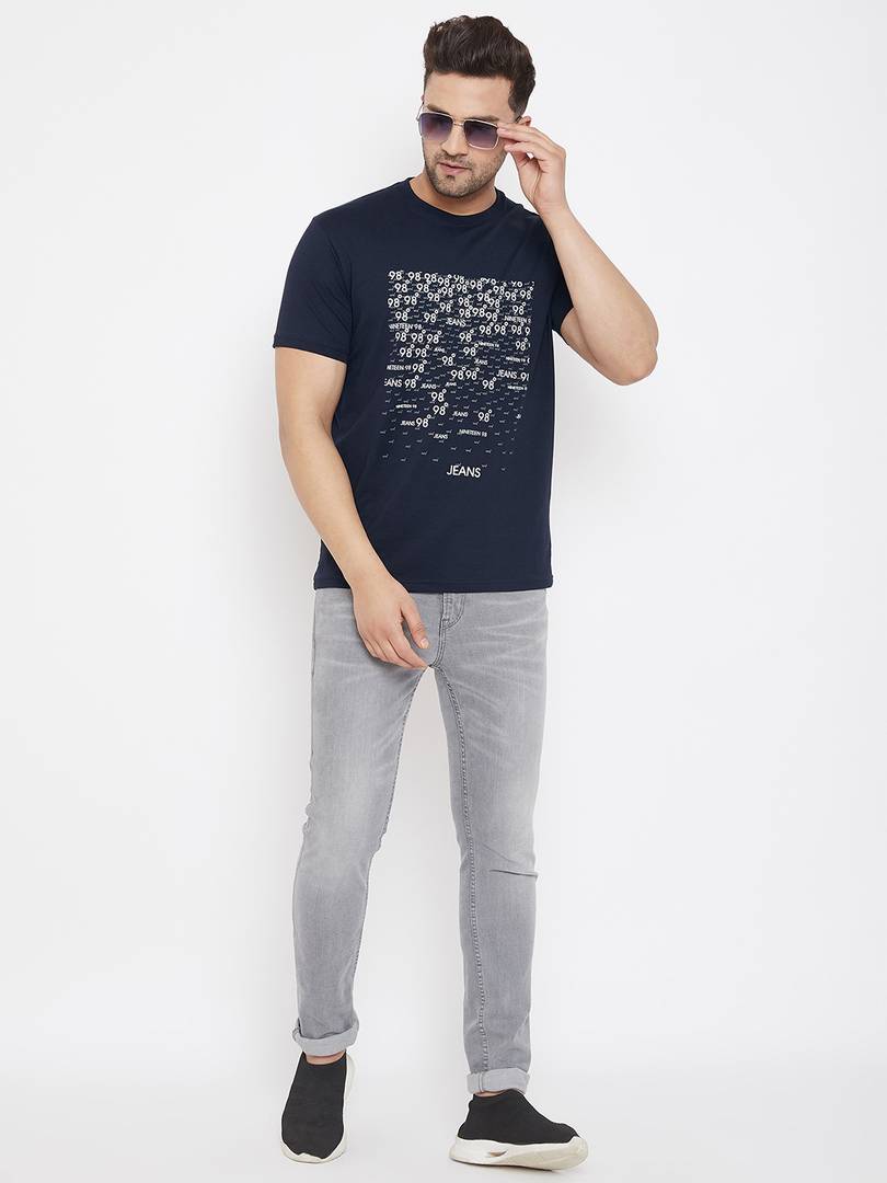 Men's Navy Blue Printed Cotton Round Neck Tees