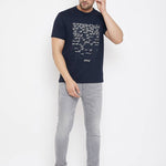 Men's Navy Blue Printed Cotton Round Neck Tees