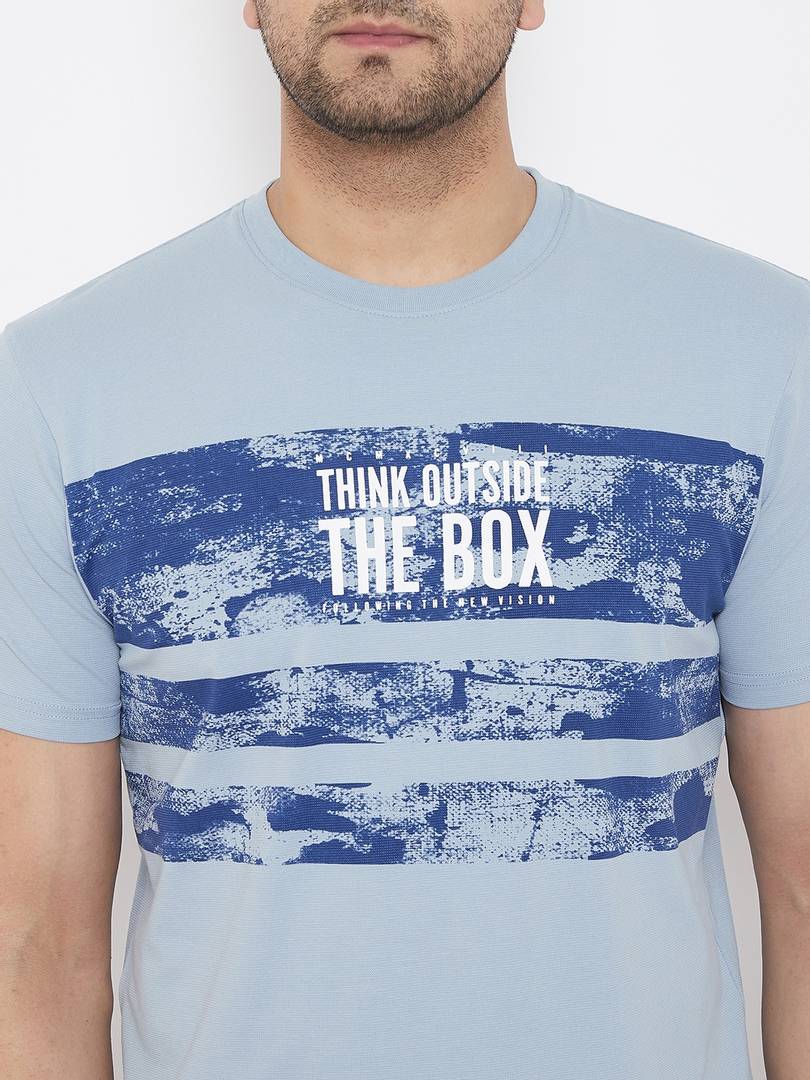 Men's Blue Printed Cotton Round Neck Tees