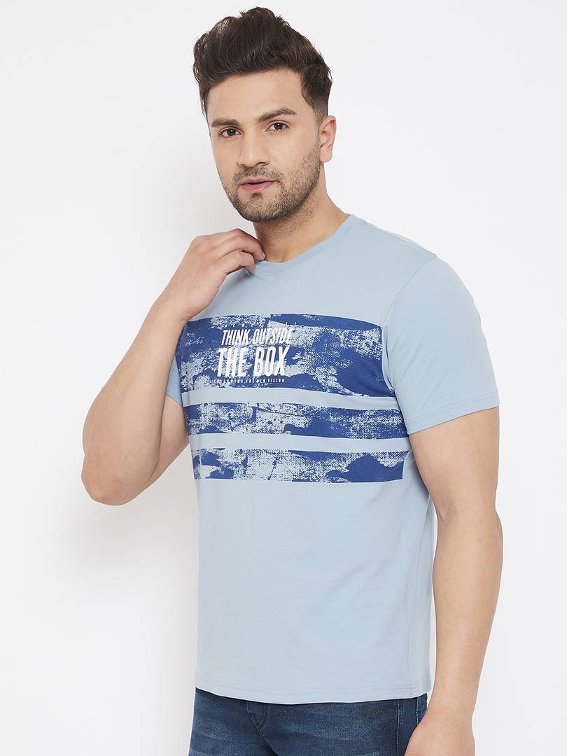 Men's Blue Printed Cotton Round Neck Tees