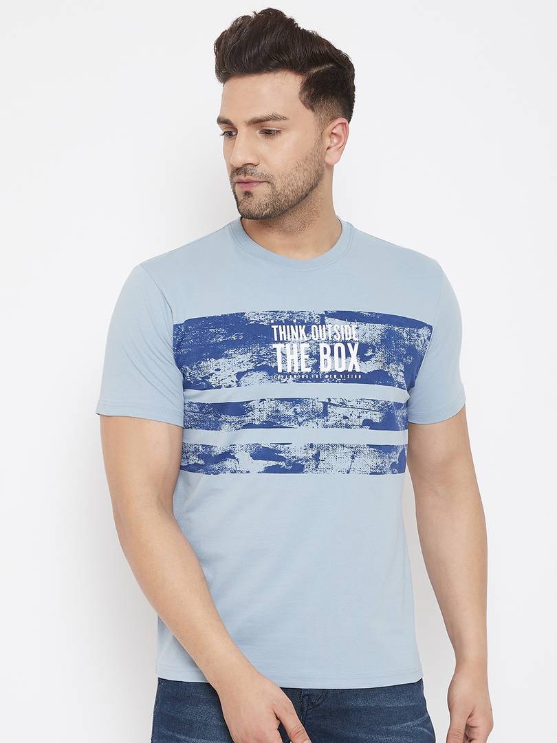 Men's Blue Printed Cotton Round Neck Tees