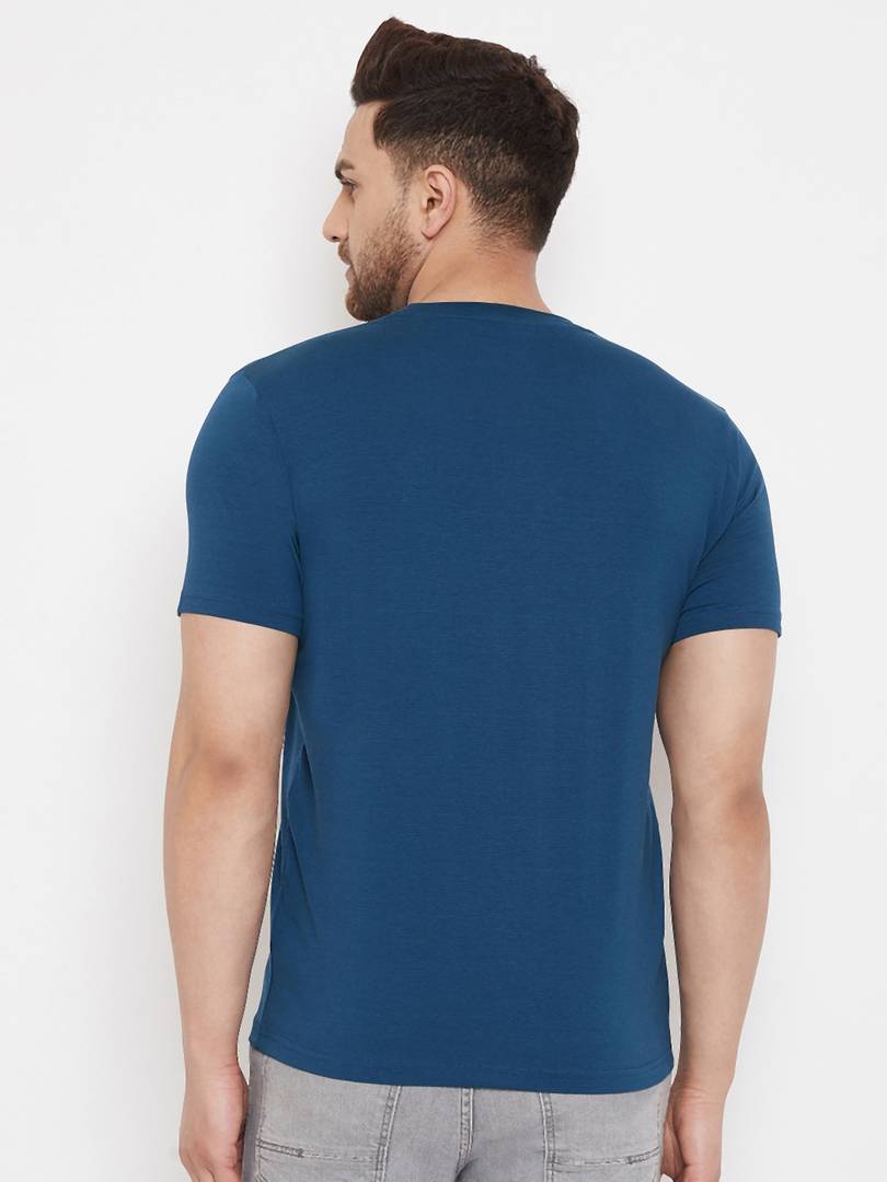 Men's Blue Printed Cotton Round Neck Tees