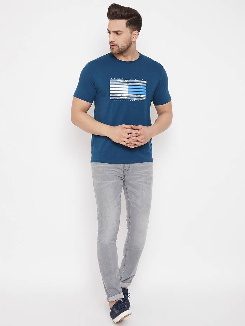 Men's Blue Printed Cotton Round Neck Tees