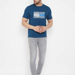 Men's Blue Printed Cotton Round Neck Tees