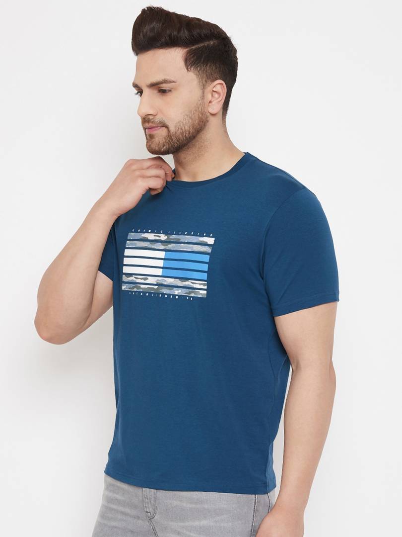 Men's Blue Printed Cotton Round Neck Tees