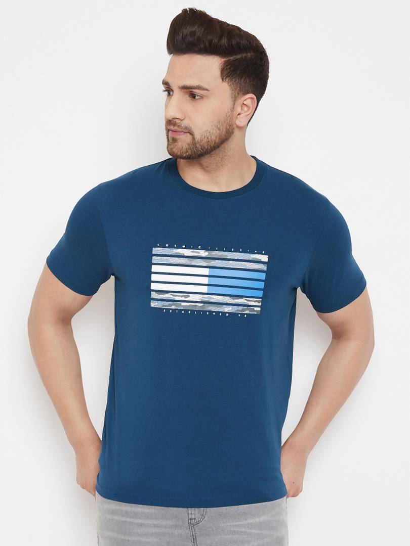 Men's Blue Printed Cotton Round Neck Tees