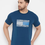 Men's Blue Printed Cotton Round Neck Tees