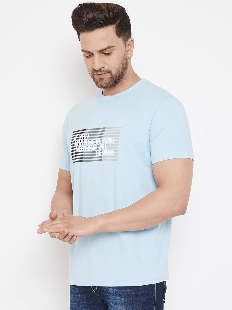 Men's Blue Printed Cotton Round Neck Tees