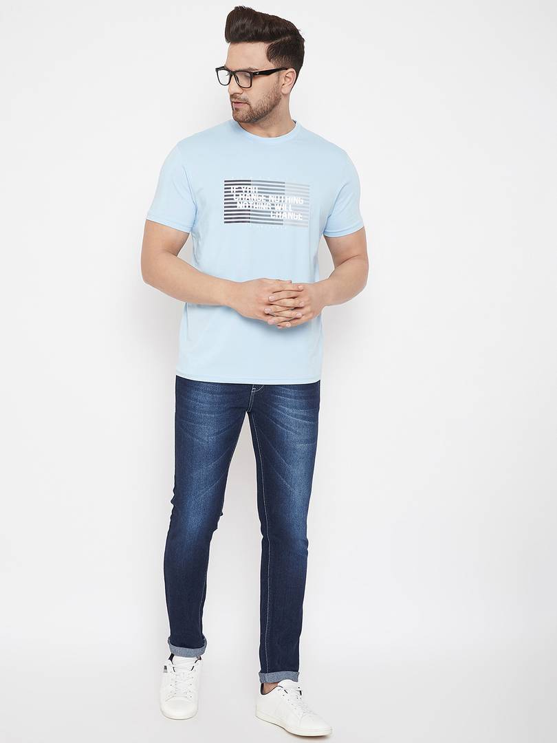 Men's Blue Printed Cotton Round Neck Tees