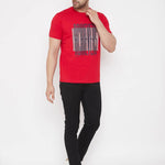 Men's Red Printed Cotton Round Neck Tees